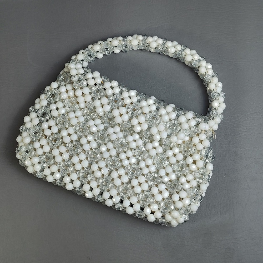 Vintage Crystal Beaded Purse White Clear Fauceted Beads Hong Kong 60s Handmade